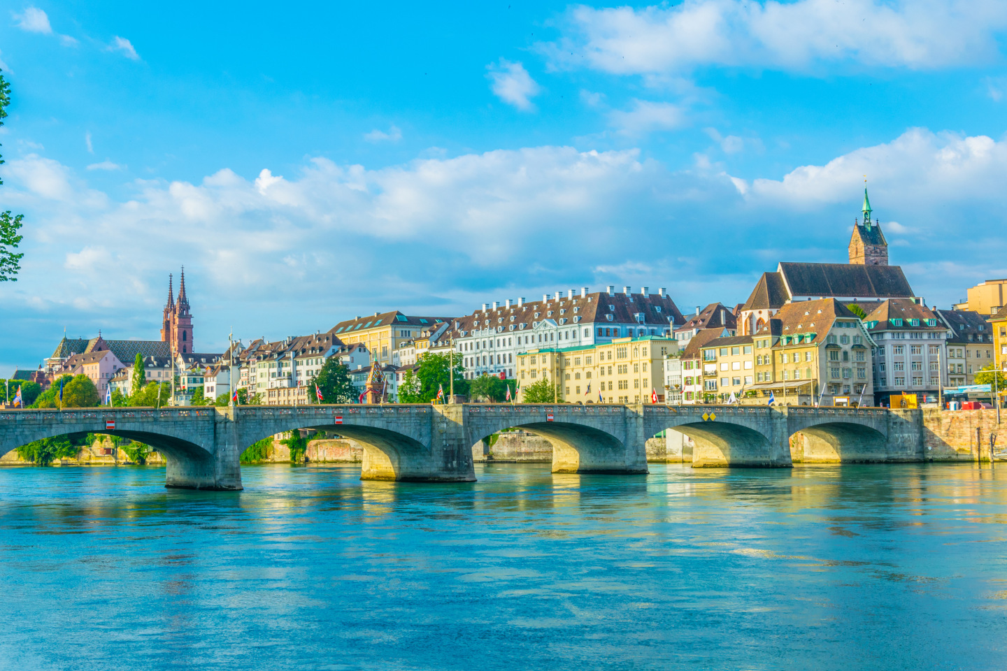 Basler münster and Saint martin church viewed behind the mittlere brücke in Basel, Switzerland 02 36