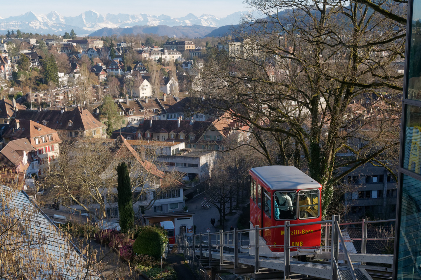 The red wagon of the Marzili Funicular and view of the city of Bern, Switzerland iStock 1211451306 22